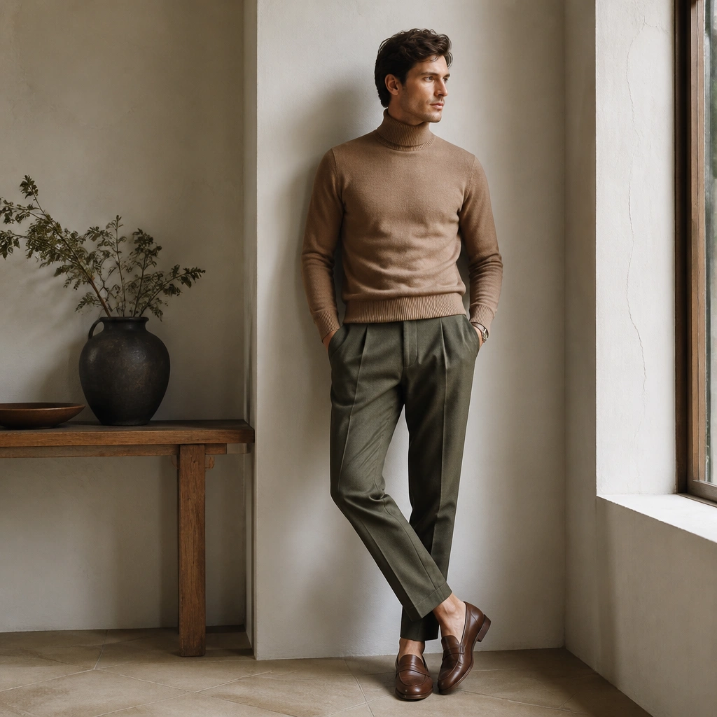 A camel knit turtleneck paired with olive tapered trousers and brown leather loafers, styled with minimal accessories. The turtleneck is snug at the neck with no bulk.
