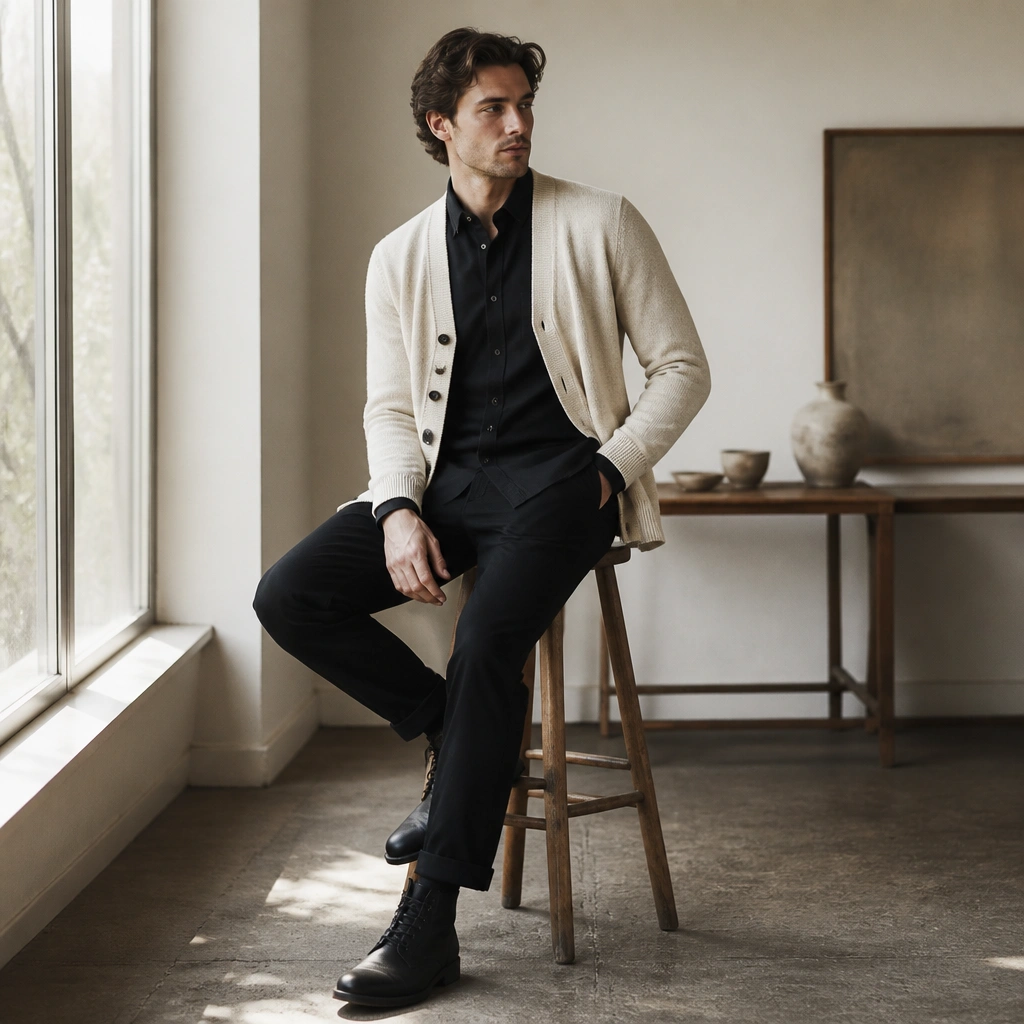 A cream cardigan worn open over a black Oxford-style shirt, paired with black chinos and dark boots. The photo shows the cardigan buttons and clean color contrast.