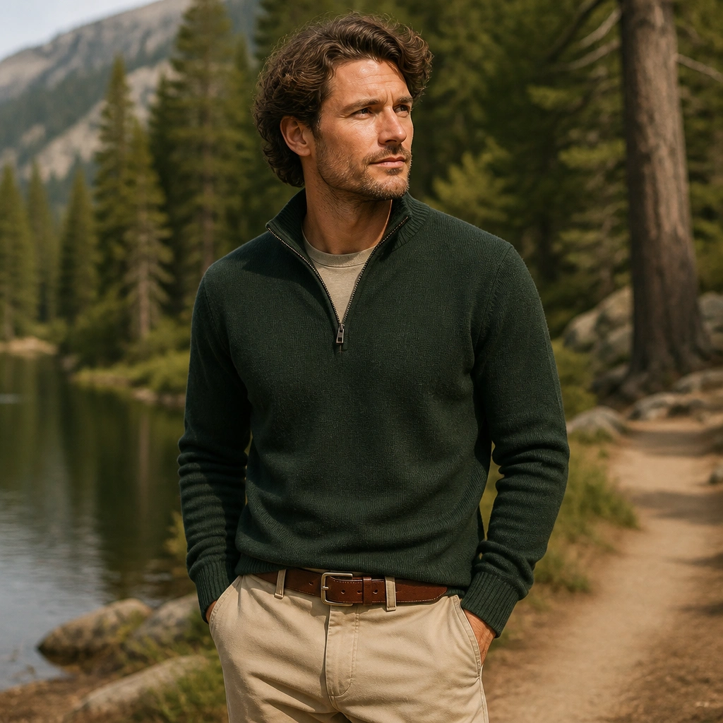 A forest green half-zip sweater with a visible zipper, layered over a neutral crew shirt, paired with beige chinos and a cognac leather belt. The outfit is photographed in daylight.