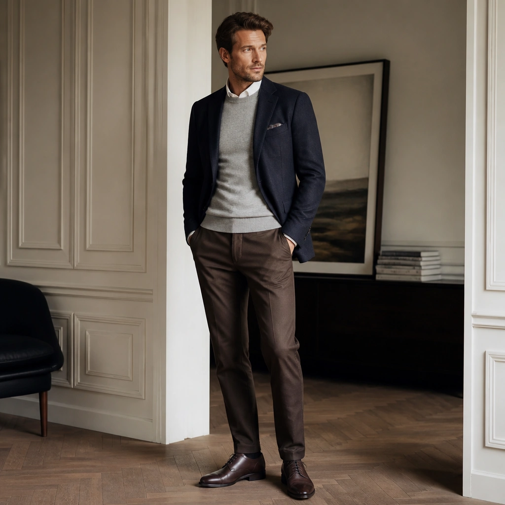 A light gray crewneck sweater under a navy blazer, over a crisp white shirt. The outfit includes brown trousers and polished brown shoes.