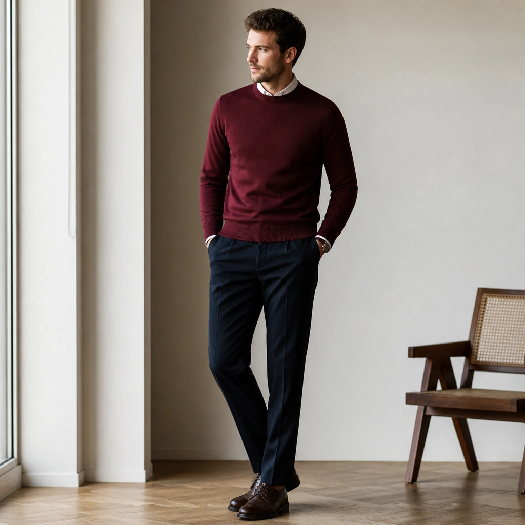 A burgundy crewneck sweater paired with navy trousers and dark brown derby shoes. A subtle pocket square or watch is visible near the wrist.
