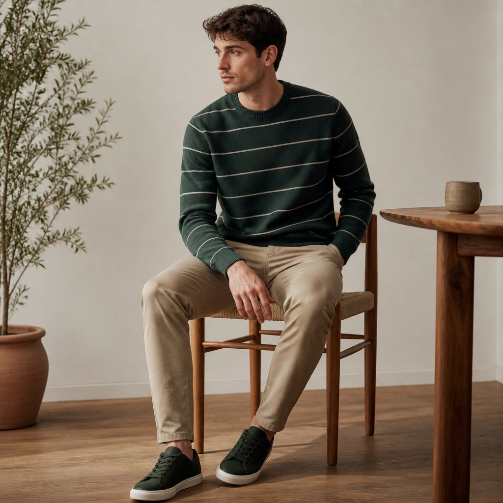 A crewneck sweater with subtle stripes, paired with khaki chinos and dark green low-top sneakers. The photo shows the stripe spacing clearly.