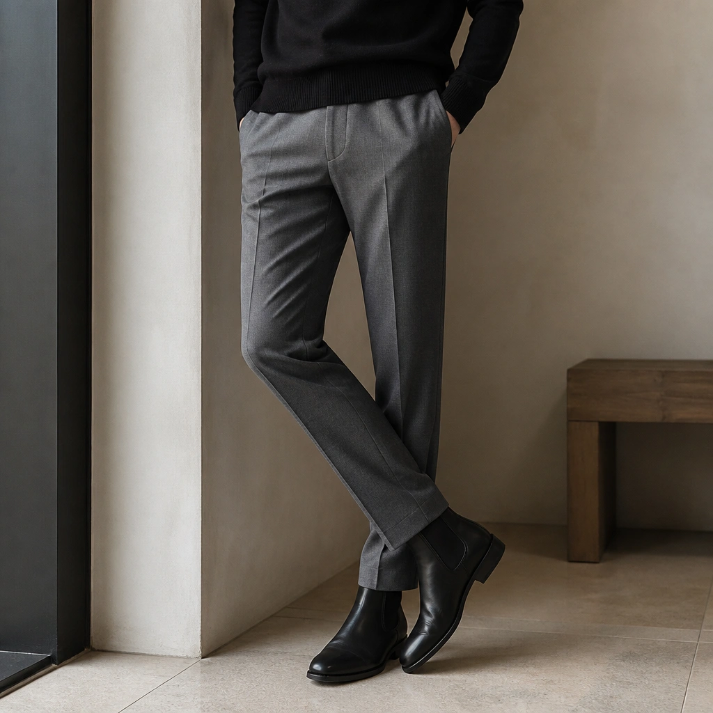 A black merino crew sweater worn with gray suit trousers and black Chelsea boots. The outfit is shown from the waist down to highlight the drape.