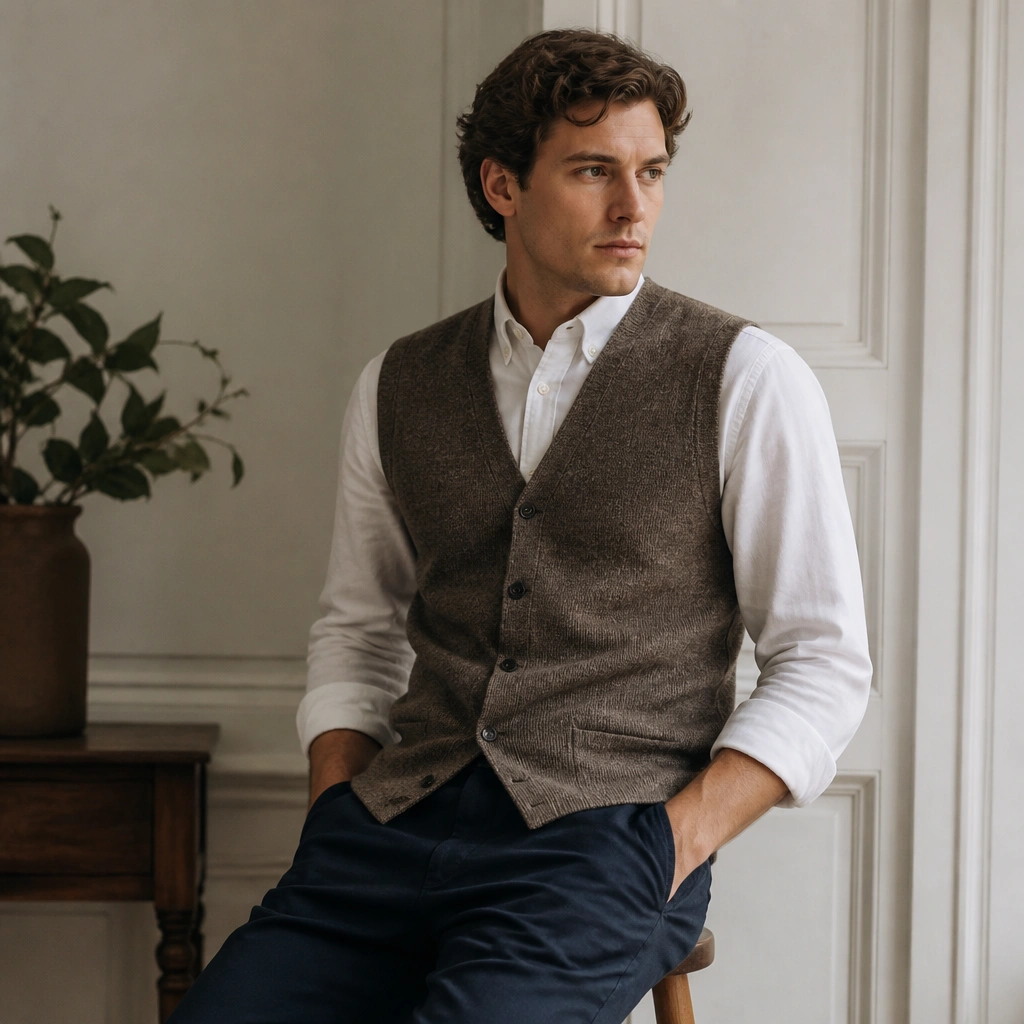 A heather brown sweater vest layered over a white button-down shirt, paired with navy chinos. The vest shows a V shape and clean button line.