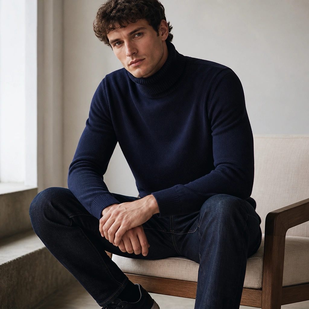 A navy roll-neck sweater worn with dark wash jeans without visible distressing and black sneakers. The image emphasizes a close, neat collar.