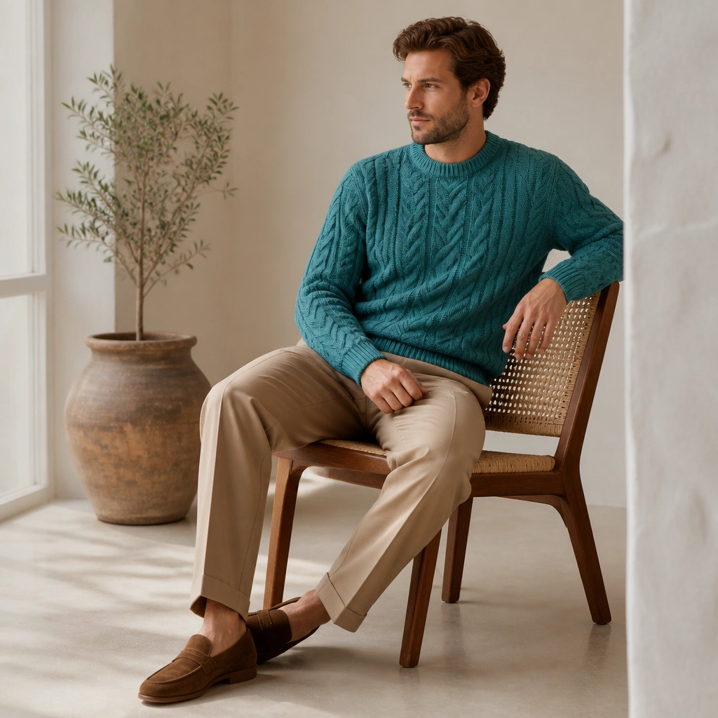 A teal cable knit sweater with visible cable texture, paired with tan trousers and suede brown loafers. The photo highlights the raised knit pattern.