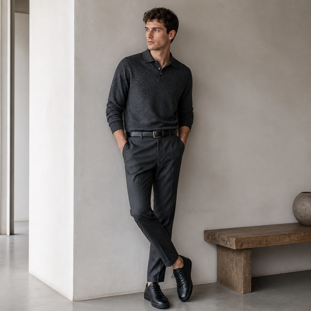 A charcoal knit polo with a subtle heather texture paired with tailored charcoal wool-blend trousers; the outfit is styled with a black leather belt and clean low-profile leather sneakers.