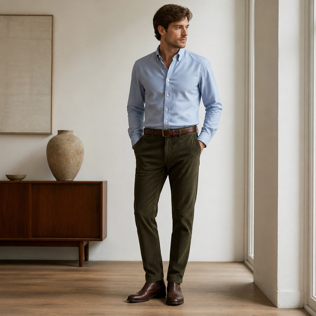 A light blue Oxford button-down tucked into dark olive corduroy trousers with a slim profile; a medium-brown leather belt and minimal leather boots complete the look.