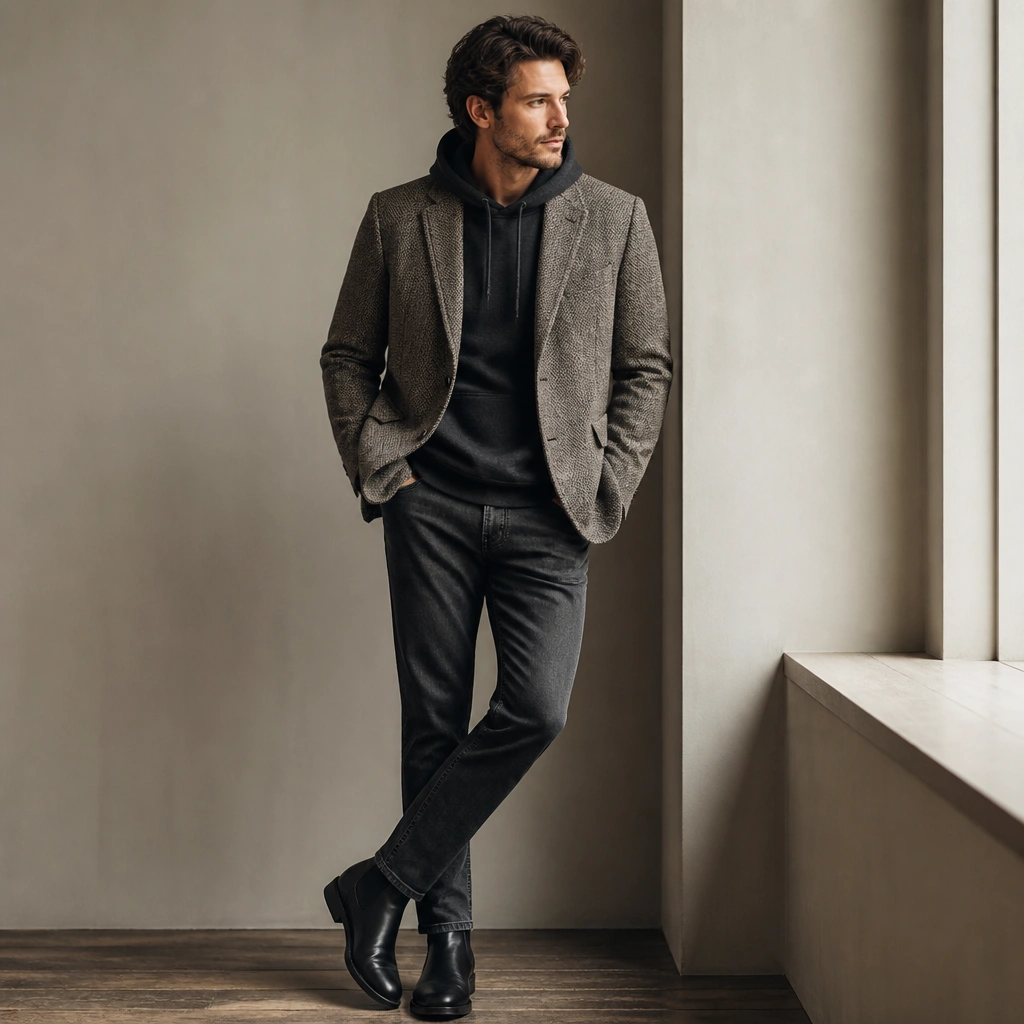 A tweed-look blazer in warm gray over a dark hoodie; the hoodie is visible at the neckline, with straight-leg dark jeans and a pair of dark leather Chelsea boots.