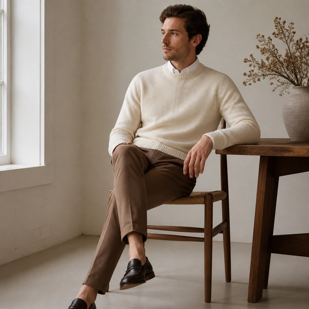 A cream crewneck sweater layered over a white button-down shirt with the collar and a bit of the placket showing; paired with medium-brown chinos and dark loafers.