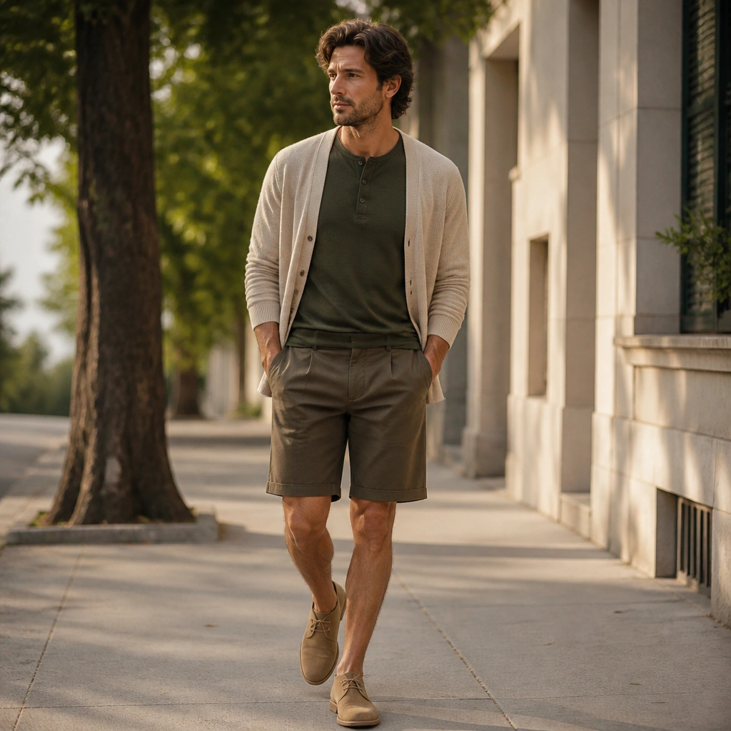 A dark olive brushed cotton henley paired with tailored knee-length shorts in olive-brown, styled with a light cardigan and suede desert boots; the scene looks like a late-afternoon sidewalk.