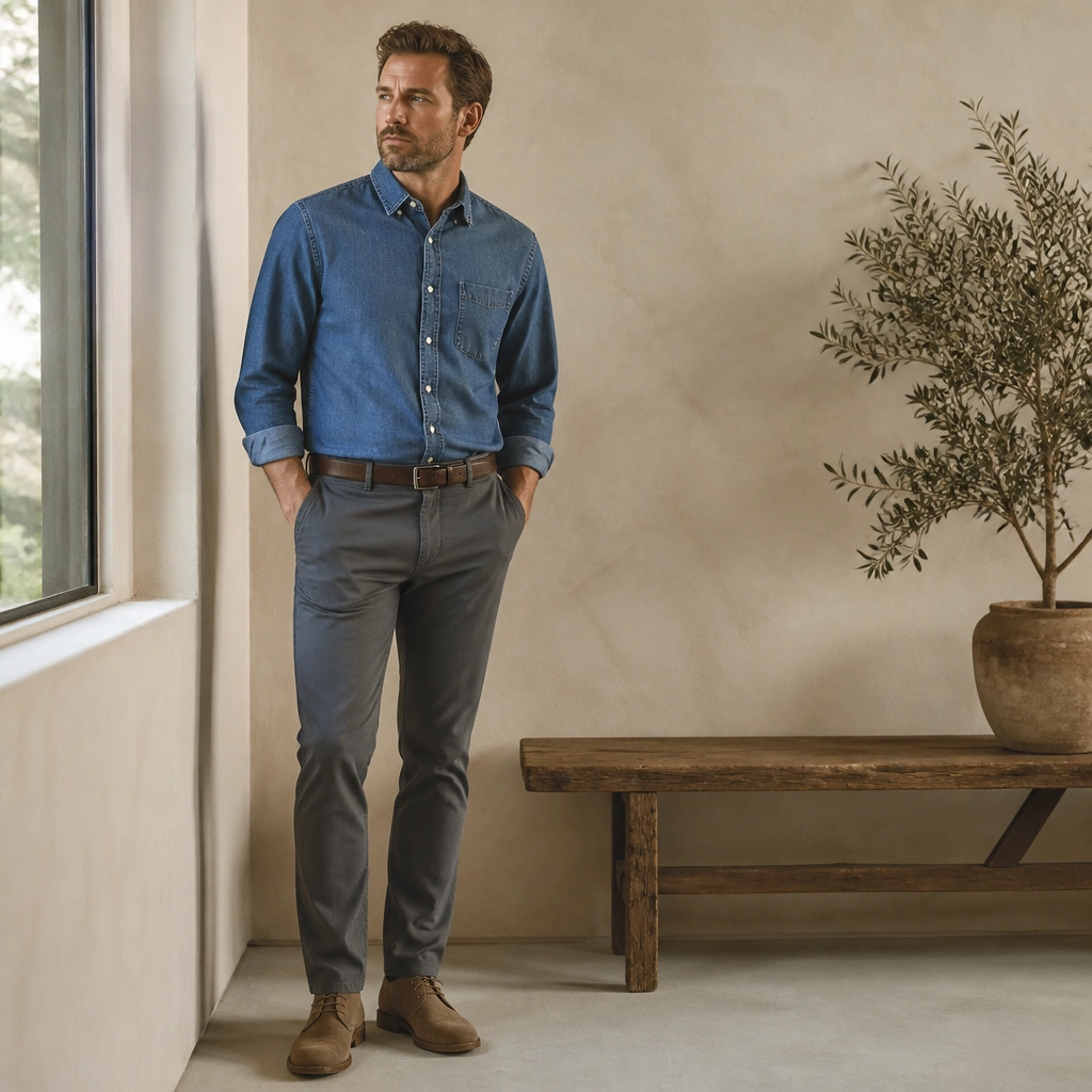 A medium-wash denim shirt worn buttoned with a soft collar, tucked into gray stretch twill slacks; suede desert boots and a brown belt match.