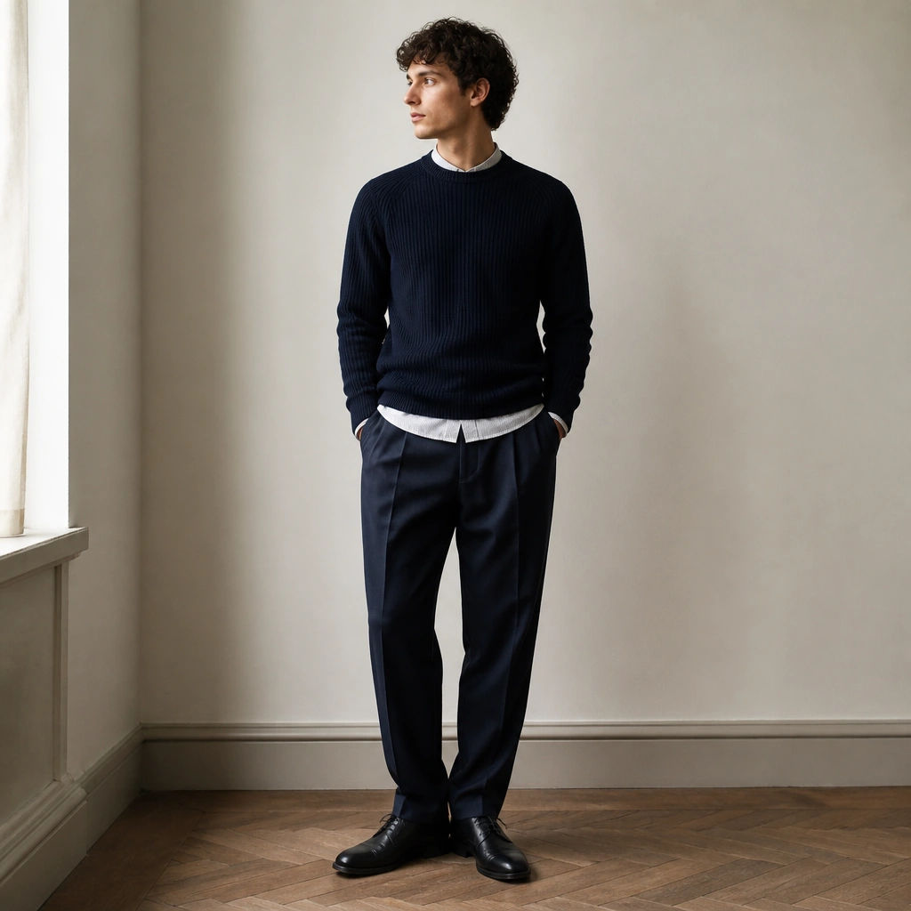 A navy merino crewneck sweater with a subtle rib texture over a crisp, thin undershirt; pleated navy trousers and black leather lace-up shoes.