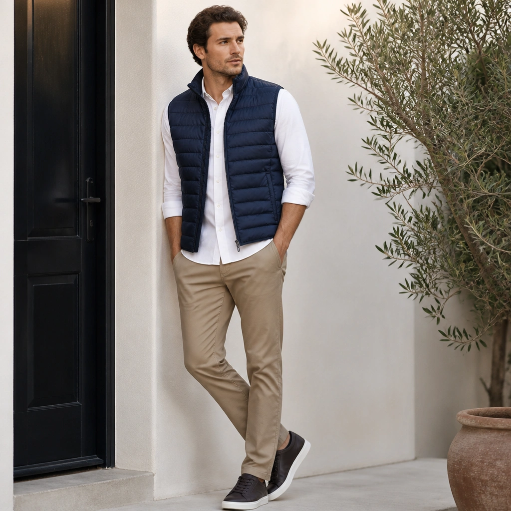 A lightweight puffer vest in deep navy over a white Oxford shirt; sleeves are visible, paired with tan chinos and dark leather sneakers.
