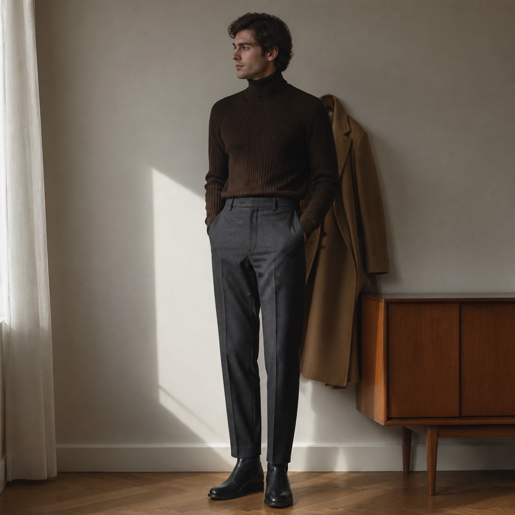 A dark brown ribbed turtleneck sweater tucked into straight-leg charcoal wool trousers; a long overcoat in camel hangs behind the model, with black leather boots.