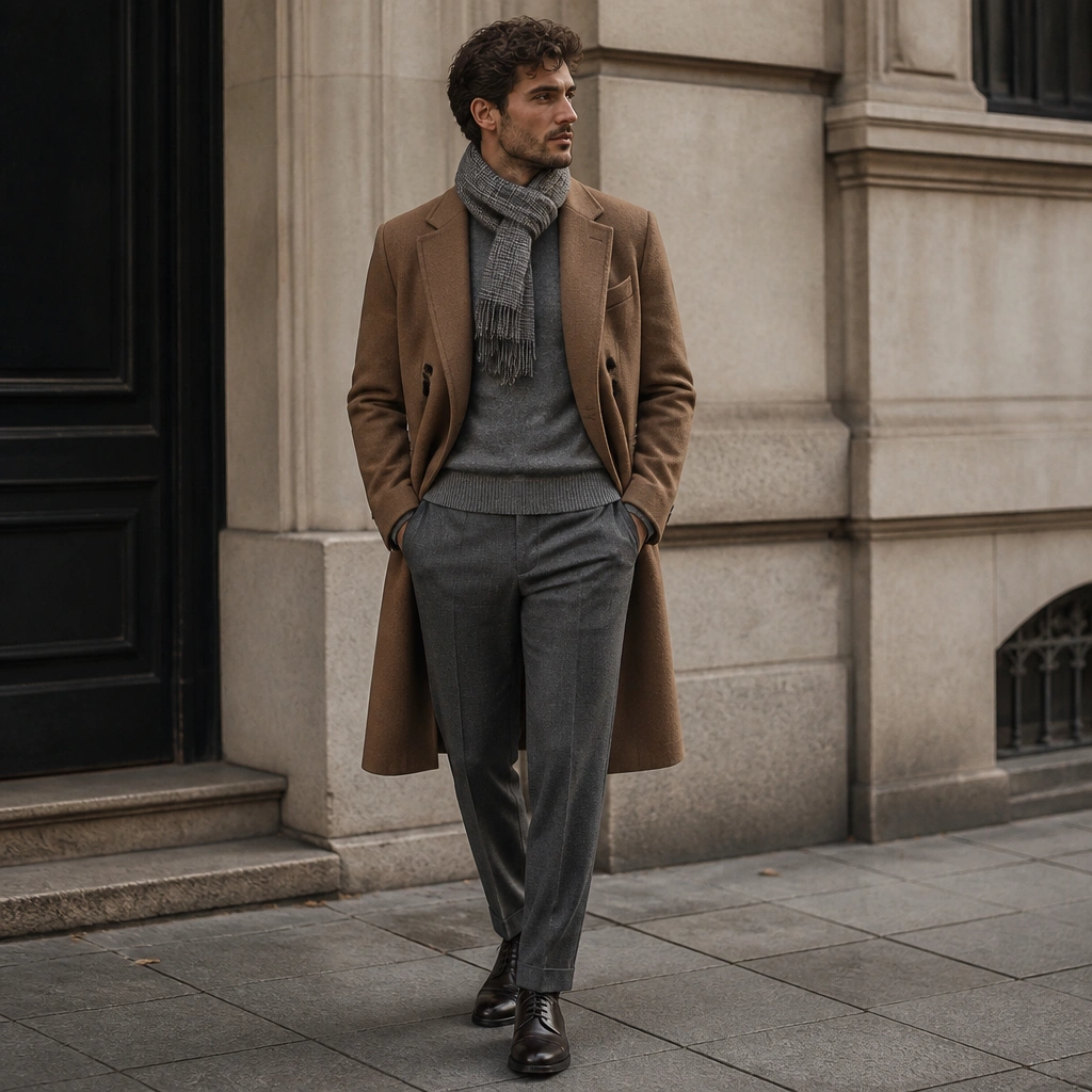 A monochrome outfit with a gray crewneck sweater and gray trousers, topped with a camel overcoat; a patterned scarf (small plaid) is wrapped at the neck and dark shoes are visible.