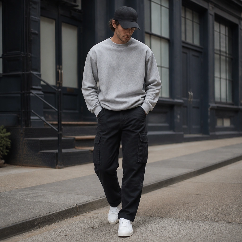 A street-style photo of black cargo jeans with a heather gray crewneck sweatshirt, white low-top sneakers, and a minimal black cap; the cargo pockets are visible and neatly arranged.