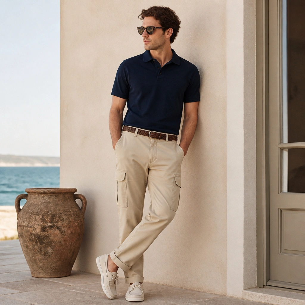 Sand/beige cargo jeans paired with a navy polo shirt, buttoned collar, and off-white canvas deck shoes; a woven belt and sunglasses sit on the outfit.