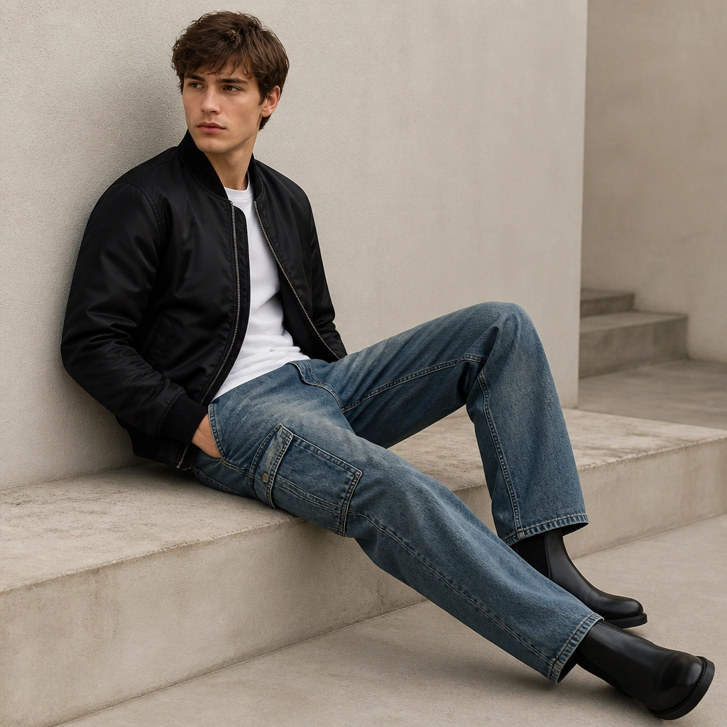 Mid-wash cargo jeans with visible seams, a black bomber jacket zipped halfway, and black Chelsea boots; a plain white tee peeks underneath.
