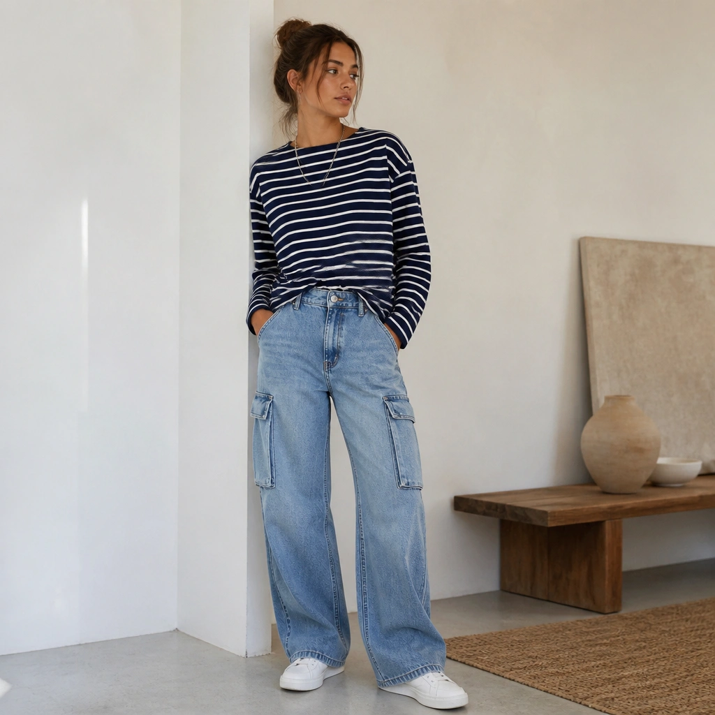 Washed blue cargo jeans styled with a navy-and-white striped long-sleeve tee, tucked slightly at the front, and clean white sneakers; the look includes a simple chain necklace.