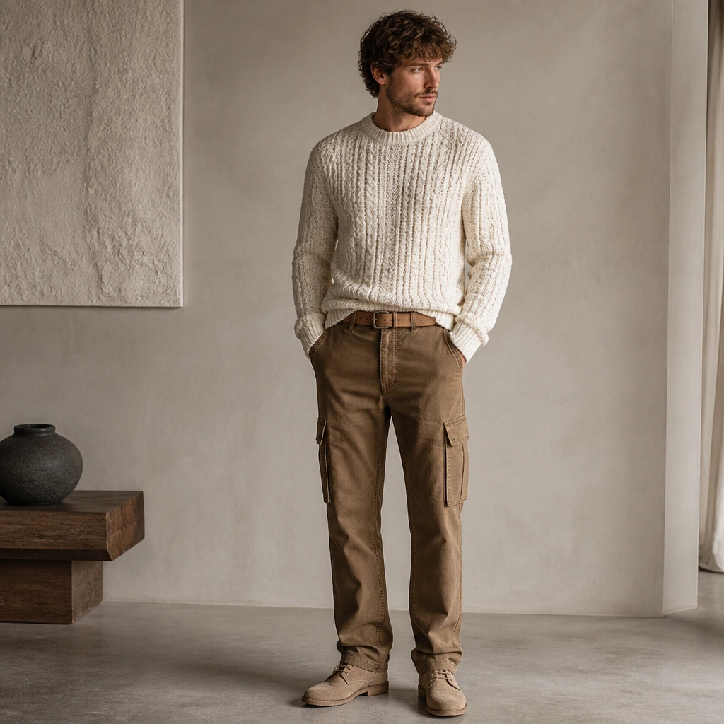 Coyote brown cargo jeans worn with a cream cable-knit sweater, suede desert boots, and a tan suede belt; the sweater cuffs sit over the jeans slightly.