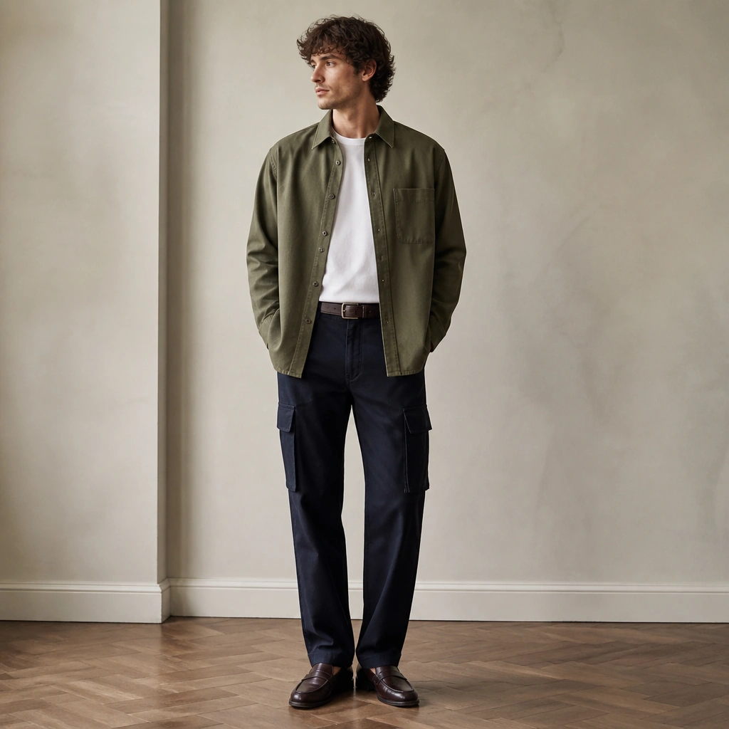 Navy cargo jeans with an olive overshirt worn open, a white tee underneath, dark brown belt, and dark brown loafers; the overshirt hem covers the top pockets.