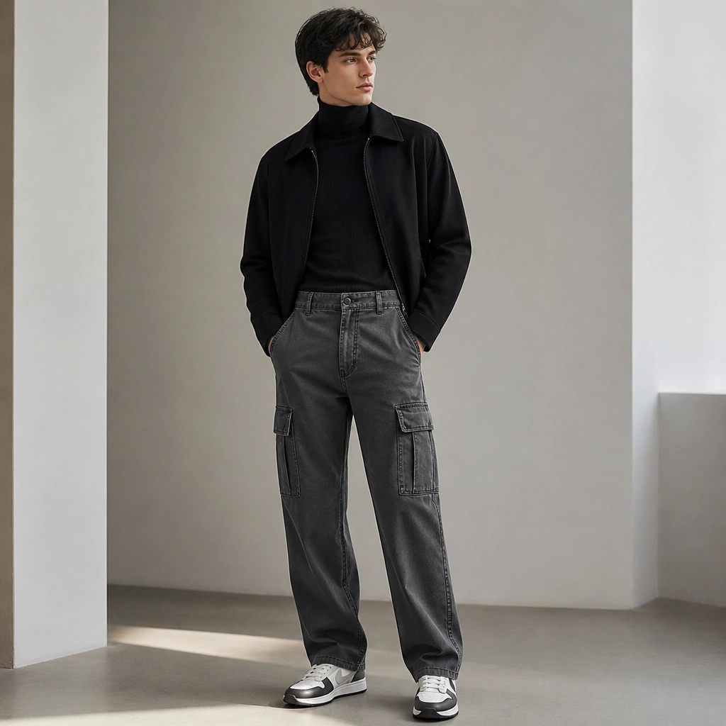 Gray cargo jeans styled with a fitted black turtleneck, a short black jacket, and minimalist white/black sneakers; the turtleneck is fully tucked into the jeans waistband.