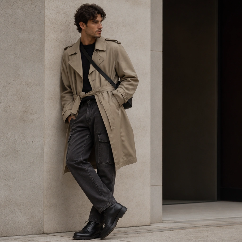 Charcoal cargo jeans paired with a tan trench coat worn over a dark crewneck, black lace-up boots, and a crossbody bag; the trench belt is tied loosely.