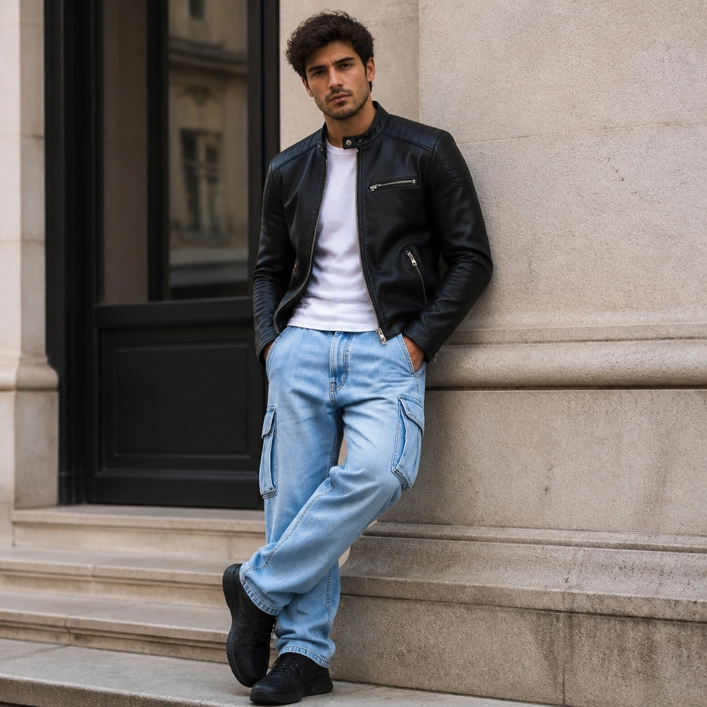 Light blue cargo jeans with a black leather biker jacket zipped, a plain white tee, and black sneakers; the leather jacket’s zippers and shoulder seams are clearly visible.