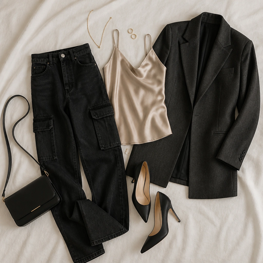 An outfit flat-lay style image: black cargo jeans, a champagne satin camisole with thin straps, a charcoal longline blazer open at the front, and pointed-toe black heels. Minimal jewelry and a structured small shoulder bag are visible.