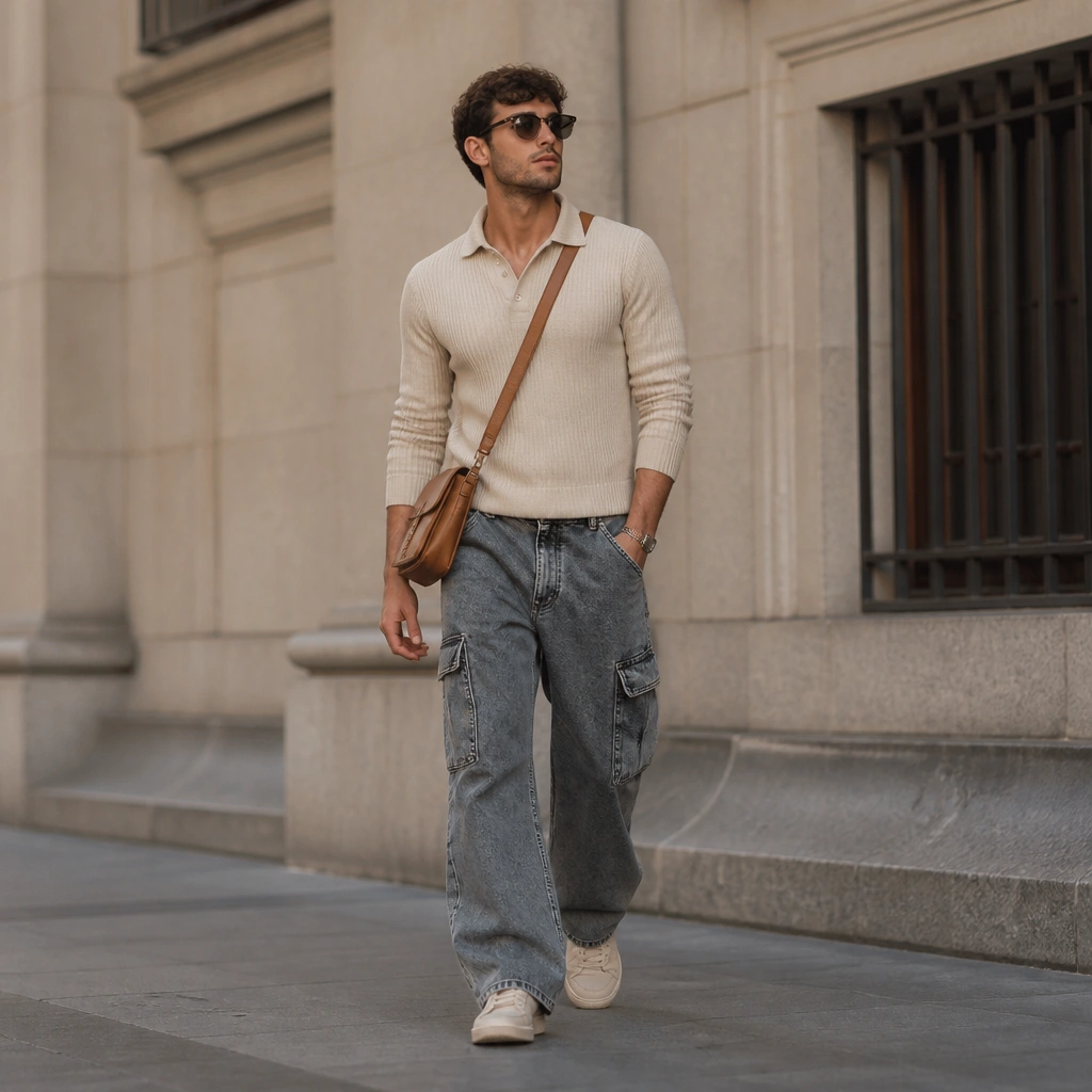 A street-style image: stone-wash cargo jeans, a fitted oatmeal ribbed knit polo with the collar slightly raised, light sneakers, and a crossbody bag in tan leather.