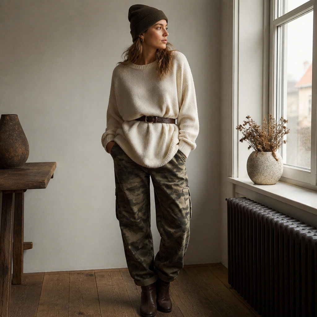 A cozy outfit photo: camo cargo jeans, a cream oversized sweater falling past the hips, a slim dark belt cinching at the waist, and ankle boots. A beanie and small hoop earrings appear in the frame.