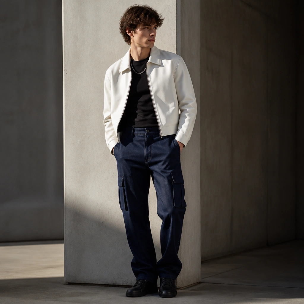 A fashion editorial-style shot: midnight blue cargo jeans, a cropped white leather jacket with a subtle sheen, a black fitted tee underneath, and minimalist black sneakers. A silver chain necklace is visible.