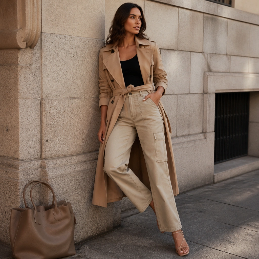 A polished outdoor photo: sand-colored cargo jeans, a fitted black tank top, a camel trench coat belted at the waist, and nude strappy sandals. A large tote bag sits in the corner of the frame.