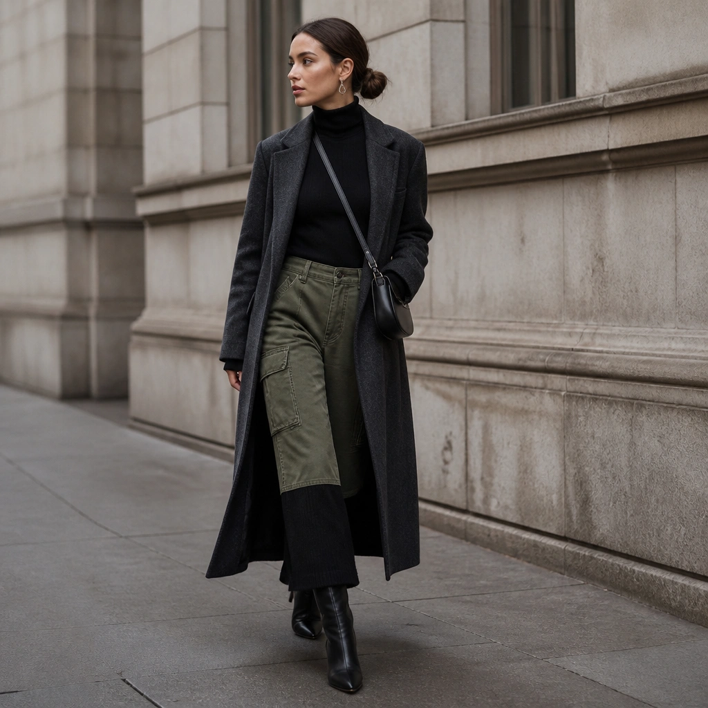 A layered styling image: olive cargo jeans worn over a black turtleneck midi dress (dress hem peeking below), a long coat in dark gray, and tall heeled boots. Silver earrings and a sleek crossbody are visible.