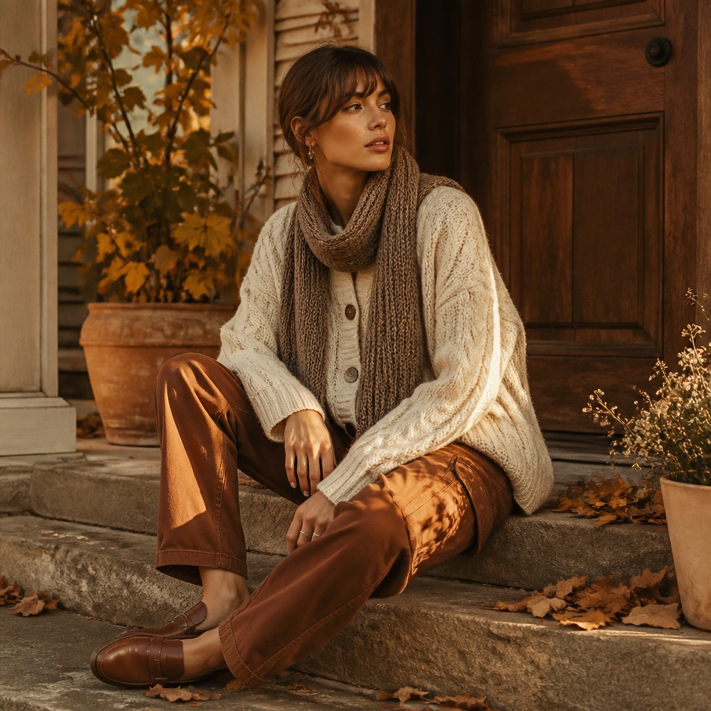 A warm-toned fall outfit: rusted brown cargo jeans, a cream chunky cardigan with visible cable-like texture, brown leather loafers, and a knit scarf. The lighting is golden and cozy.