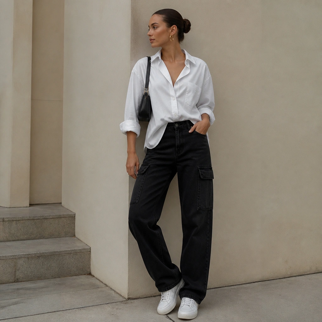 A clean, minimal outfit photo: black cargo jeans, a white oversized button-up worn half-tucked, sleeves rolled to mid-forearm, and white low-top sneakers. A small black shoulder bag and gold hoop earrings appear.