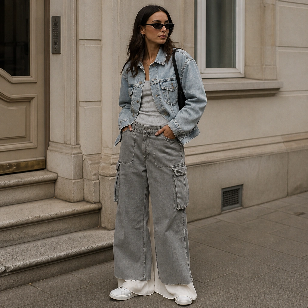 A layered casual-chic photo: cement grey cargo jeans, a long slip skirt worn underneath (hem peeking beneath the jeans), a light wash denim jacket, and white sneakers. Minimal accessories and sunglasses are shown.