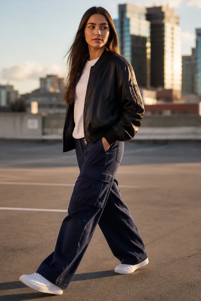 Indigo cargo pants with a white graphic tee and a black bomber
