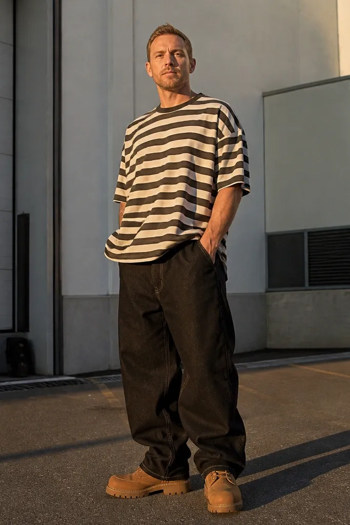 Black baggy jeans with an oversized striped shirt and tan boots