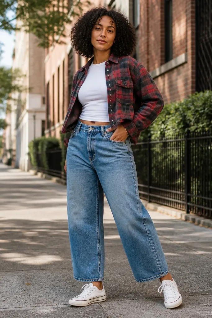Stone wash jeans with a cropped flannel and white sneakers