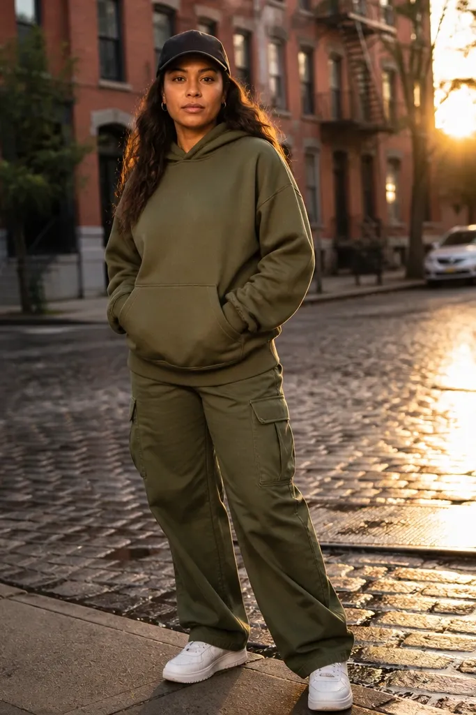 Olive hoodie with wide olive cargo pants and a black cap