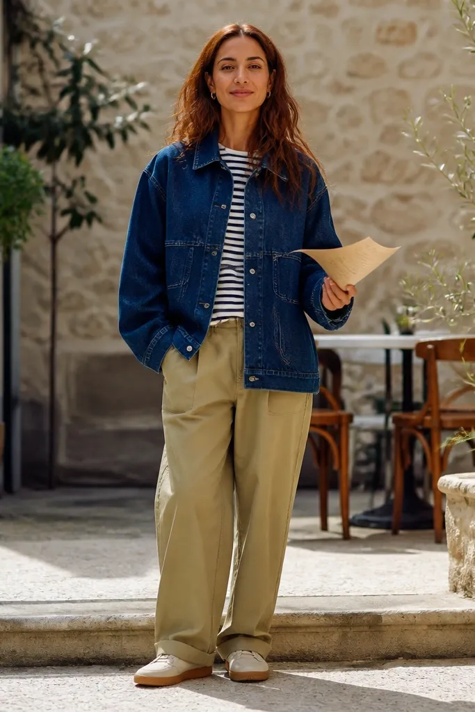 Oversized denim jacket with khaki relaxed chinos and a striped tee