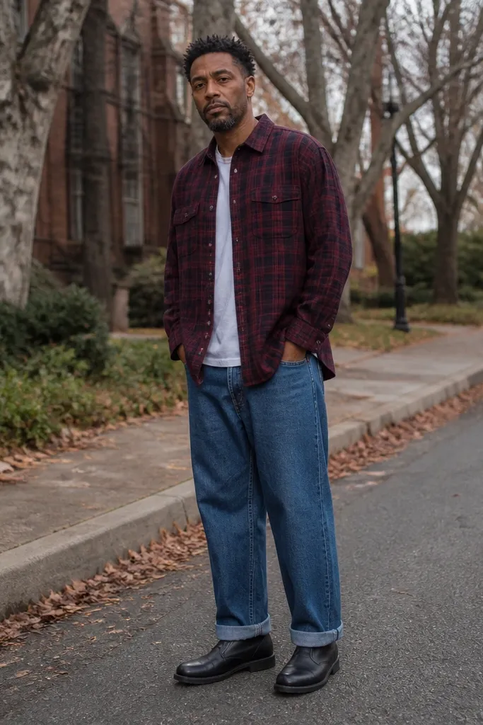 Burgundy flannel over a tee with blue baggy jeans and black boots