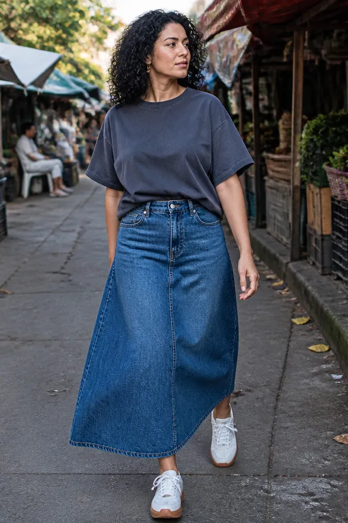 Denim skirt with an oversized tee and chunky sneakers