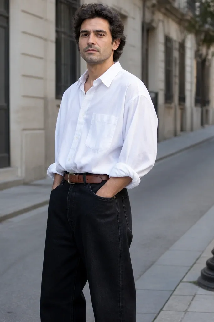 Black wide-leg jeans with a white oversized button-down and a leather belt