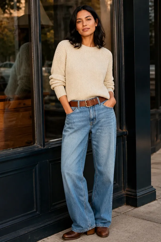 Cream knit sweater with ocean-blue baggy jeans and a brown belt