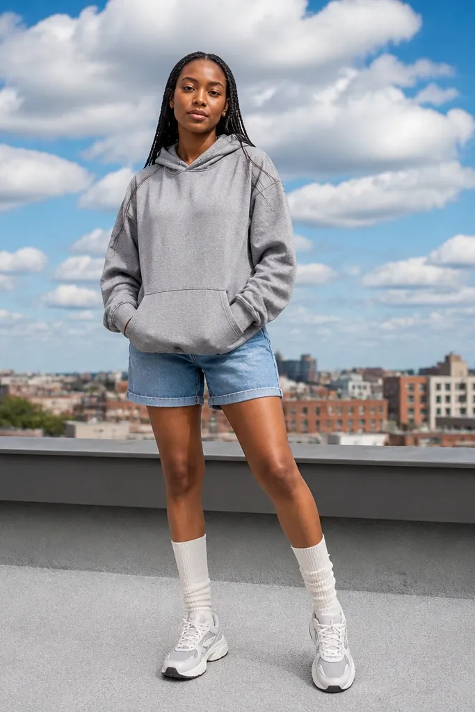 Oversized hoodie with denim shorts and long tube socks