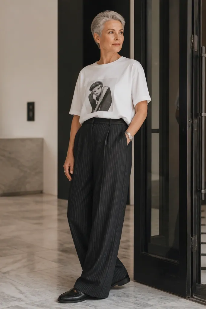 Wide pinstripe trousers with an oversized graphic tee and black loafers