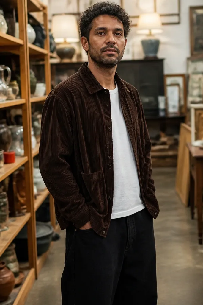Corduroy overshirt over a white tee with black baggy jeans